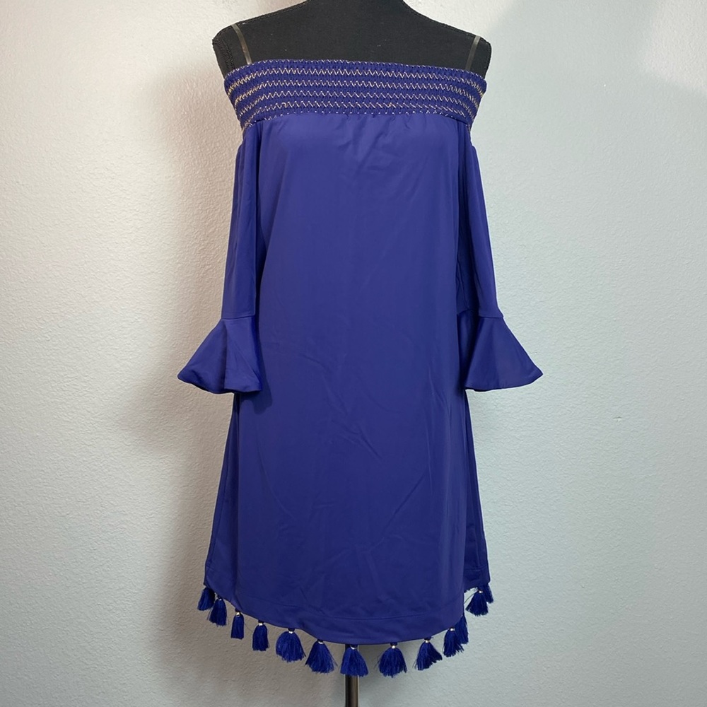 CABANA LIFE Women's Smocked Tassel Off‎ the Shoulder Dress
